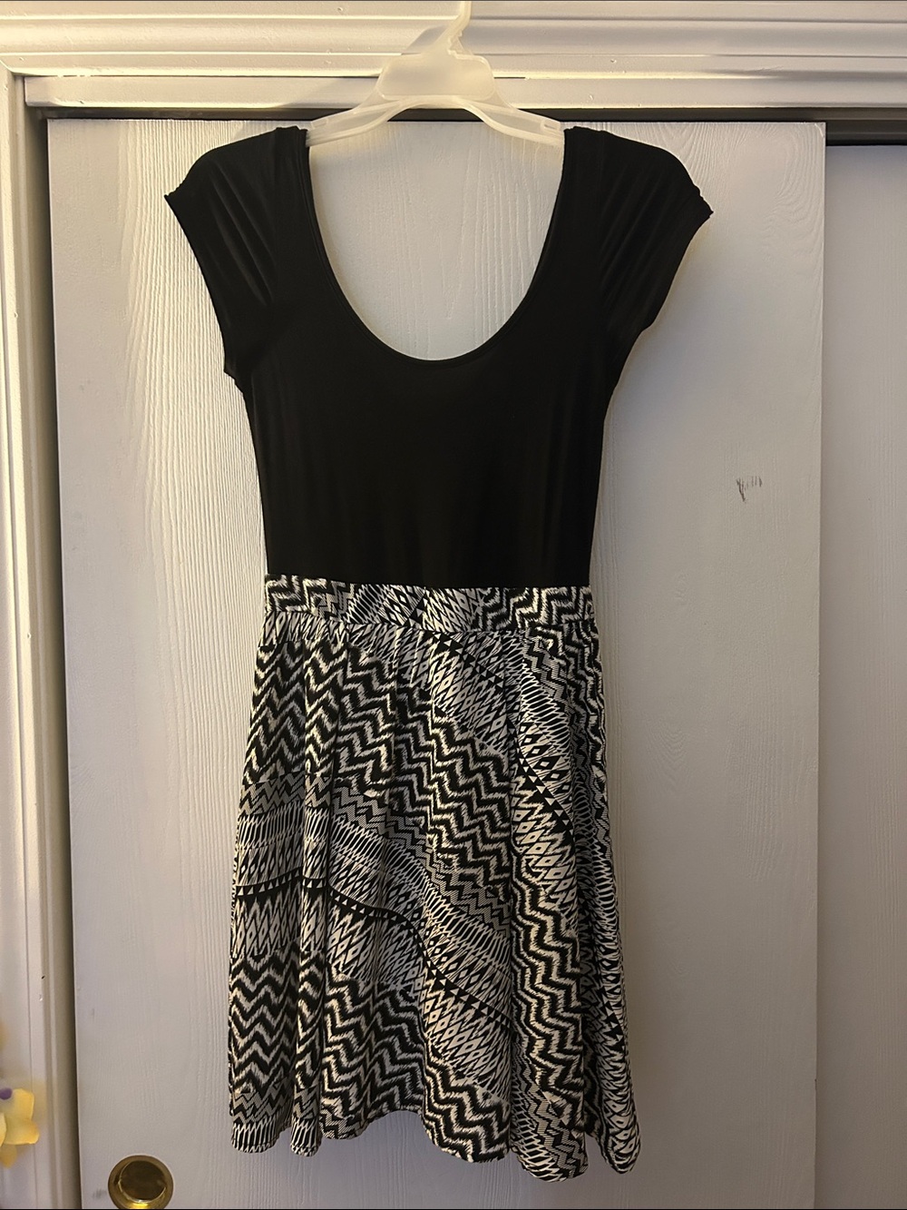 Alya Black Scoop-Neck Mini Dress with Monochrome Zigzag Skirt